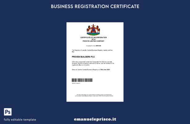 certificato di registrazione della società del Lesotho in stile verificato Model
